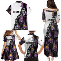 Personalized Bowling Flame Family Matching Puletasi and Hawaiian Shirt Black and White Split Pattern and Purple Fireball Graphics - Wonder Print Shop