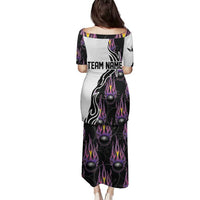 Personalized Bowling Flame Family Matching Puletasi and Hawaiian Shirt Black and White Split Pattern and Purple Fireball Graphics - Wonder Print Shop