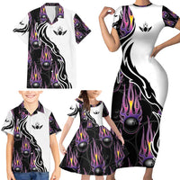 Personalized Bowling Flame Family Matching Short Sleeve Bodycon Dress and Hawaiian Shirt Black and White Split Pattern and Purple Fireball Graphics - Wonder Print Shop