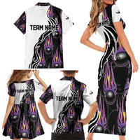 Personalized Bowling Flame Family Matching Short Sleeve Bodycon Dress and Hawaiian Shirt Black and White Split Pattern and Purple Fireball Graphics - Wonder Print Shop