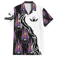 Personalized Bowling Flame Family Matching Short Sleeve Bodycon Dress and Hawaiian Shirt Black and White Split Pattern and Purple Fireball Graphics - Wonder Print Shop