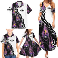 Personalized Bowling Flame Family Matching Summer Maxi Dress and Hawaiian Shirt Black and White Split Pattern and Purple Fireball Graphics - Wonder Print Shop