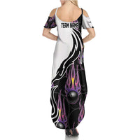 Personalized Bowling Flame Family Matching Summer Maxi Dress and Hawaiian Shirt Black and White Split Pattern and Purple Fireball Graphics - Wonder Print Shop