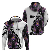 Personalized Bowling Flame Hoodie Black and White Split Pattern and Purple Fireball Graphics - Wonder Print Shop