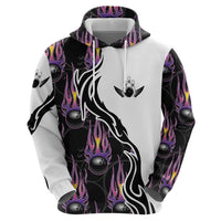 Personalized Bowling Flame Hoodie Black and White Split Pattern and Purple Fireball Graphics - Wonder Print Shop