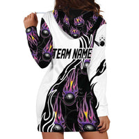 Personalized Bowling Flame Hoodie Dress Black and White Split Pattern and Purple Fireball Graphics - Wonder Print Shop