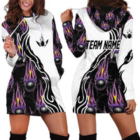 Personalized Bowling Flame Hoodie Dress Black and White Split Pattern and Purple Fireball Graphics - Wonder Print Shop