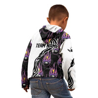 Personalized Bowling Flame Kid Hoodie Black and White Split Pattern and Purple Fireball Graphics - Wonder Print Shop