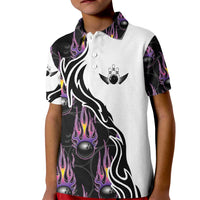 Personalized Bowling Flame Kid Polo Shirt Black and White Split Pattern and Purple Fireball Graphics - Wonder Print Shop