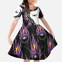 Personalized Bowling Flame Kid Short Sleeve Dress Black and White Split Pattern and Purple Fireball Graphics - Wonder Print Shop