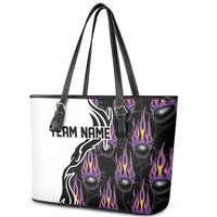 Personalized Bowling Flame Leather Tote Bag Black and White Split Pattern and Purple Fireball Graphics - Wonder Print Shop
