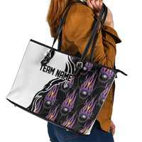 Personalized Bowling Flame Leather Tote Bag Black and White Split Pattern and Purple Fireball Graphics - Wonder Print Shop