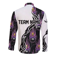 Personalized Bowling Flame Long Sleeve Button Shirt Black and White Split Pattern and Purple Fireball Graphics - Wonder Print Shop