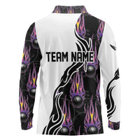 Personalized Bowling Flame Long Sleeve Polo Shirt Black and White Split Pattern and Purple Fireball Graphics - Wonder Print Shop