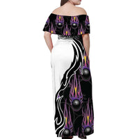 Personalized Bowling Flame Off Shoulder Maxi Dress Black and White Split Pattern and Purple Fireball Graphics - Wonder Print Shop