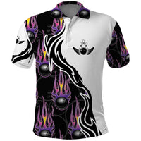 Personalized Bowling Flame Polo Shirt Black and White Split Pattern and Purple Fireball Graphics - Wonder Print Shop