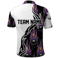 Personalized Bowling Flame Polo Shirt Black and White Split Pattern and Purple Fireball Graphics - Wonder Print Shop
