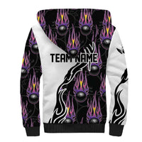 Personalized Bowling Flame Sherpa Hoodie Black and White Split Pattern and Purple Fireball Graphics - Wonder Print Shop