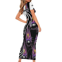 Personalized Bowling Flame Short Sleeve Bodycon Dress Black and White Split Pattern and Purple Fireball Graphics - Wonder Print Shop