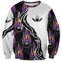Personalized Bowling Flame Sweatshirt Black and White Split Pattern and Purple Fireball Graphics - Wonder Print Shop