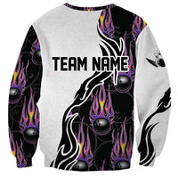 Personalized Bowling Flame Sweatshirt Black and White Split Pattern and Purple Fireball Graphics - Wonder Print Shop