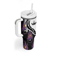 Personalized Bowling Flame Tumbler With Handle Black and White Split Pattern and Purple Fireball Graphics - Wonder Print Shop