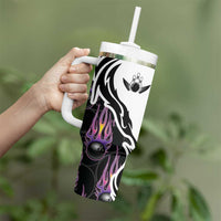 Personalized Bowling Flame Tumbler With Handle Black and White Split Pattern and Purple Fireball Graphics - Wonder Print Shop
