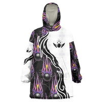 Personalized Bowling Flame Wearable Blanket Hoodie Black and White Split Pattern and Purple Fireball Graphics - Wonder Print Shop