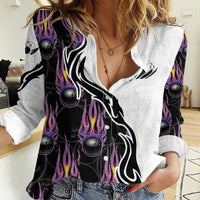 Personalized Bowling Flame Women Casual Shirt Black and White Split Pattern and Purple Fireball Graphics - Wonder Print Shop