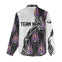 Personalized Bowling Flame Women Casual Shirt Black and White Split Pattern and Purple Fireball Graphics - Wonder Print Shop