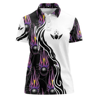 Personalized Bowling Flame Women Polo Shirt Black and White Split Pattern and Purple Fireball Graphics - Wonder Print Shop