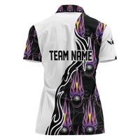 Personalized Bowling Flame Women Polo Shirt Black and White Split Pattern and Purple Fireball Graphics - Wonder Print Shop