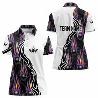 Personalized Bowling Flame Women Polo Shirt Black and White Split Pattern and Purple Fireball Graphics - Wonder Print Shop