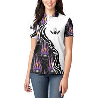 Personalized Bowling Flame Women Polo Shirt Black and White Split Pattern and Purple Fireball Graphics - Wonder Print Shop