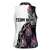 Personalized Bowling Flame Women Sleeveless Polo Shirt Black and White Split Pattern and Purple Fireball Graphics - Wonder Print Shop