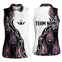 Personalized Bowling Flame Women Sleeveless Polo Shirt Black and White Split Pattern and Purple Fireball Graphics - Wonder Print Shop