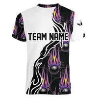 Personalized Bowling Flame Women V-Neck T-Shirt Black and White Split Pattern and Purple Fireball Graphics - Wonder Print Shop