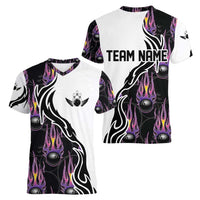 Personalized Bowling Flame Women V-Neck T-Shirt Black and White Split Pattern and Purple Fireball Graphics - Wonder Print Shop