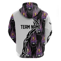 Personalized Bowling Flame Zip Hoodie Black and White Split Pattern and Purple Fireball Graphics - Wonder Print Shop