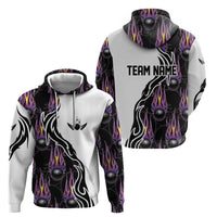 Personalized Bowling Flame Zip Hoodie Black and White Split Pattern and Purple Fireball Graphics - Wonder Print Shop