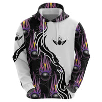 Personalized Bowling Flame Zip Hoodie Black and White Split Pattern and Purple Fireball Graphics - Wonder Print Shop