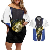 Personalized Bass Fishing Couples Matching Off Shoulder Short Dress and Hawaiian Shirt Jumping Fish and Blue White Lightning Pattern Design - Wonder Print Shop