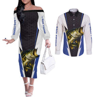 Personalized Bass Fishing Couples Matching Off The Shoulder Long Sleeve Dress and Long Sleeve Button Shirt Jumping Fish and Blue White Lightning Pattern Design - Wonder Print Shop