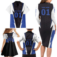 Personalized Bass Fishing Family Matching Long Sleeve Bodycon Dress and Hawaiian Shirt Jumping Fish and Blue White Lightning Pattern Design - Wonder Print Shop