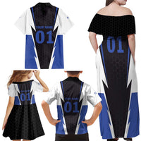 Personalized Bass Fishing Family Matching Off Shoulder Maxi Dress and Hawaiian Shirt Jumping Fish and Blue White Lightning Pattern Design - Wonder Print Shop