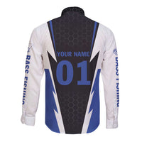 Personalized Bass Fishing Long Sleeve Button Shirt Jumping Fish and Blue White Lightning Pattern Design - Wonder Print Shop