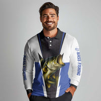 Personalized Bass Fishing Long Sleeve Polo Shirt Jumping Fish and Blue White Lightning Pattern Design - Wonder Print Shop