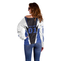 Personalized Bass Fishing Off Shoulder Sweater Jumping Fish and Blue White Lightning Pattern Design - Wonder Print Shop
