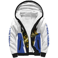Personalized Bass Fishing Sherpa Hoodie Jumping Fish and Blue White Lightning Pattern Design - Wonder Print Shop