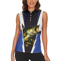 Personalized Bass Fishing Women Sleeveless Polo Shirt Jumping Fish and Blue White Lightning Pattern Design - Wonder Print Shop